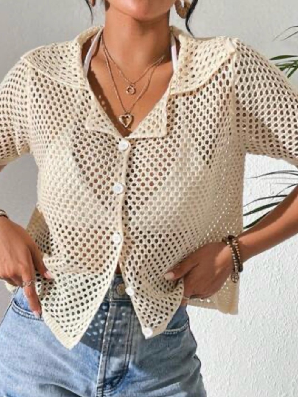 Cream Crochet Button-Front Women's Top